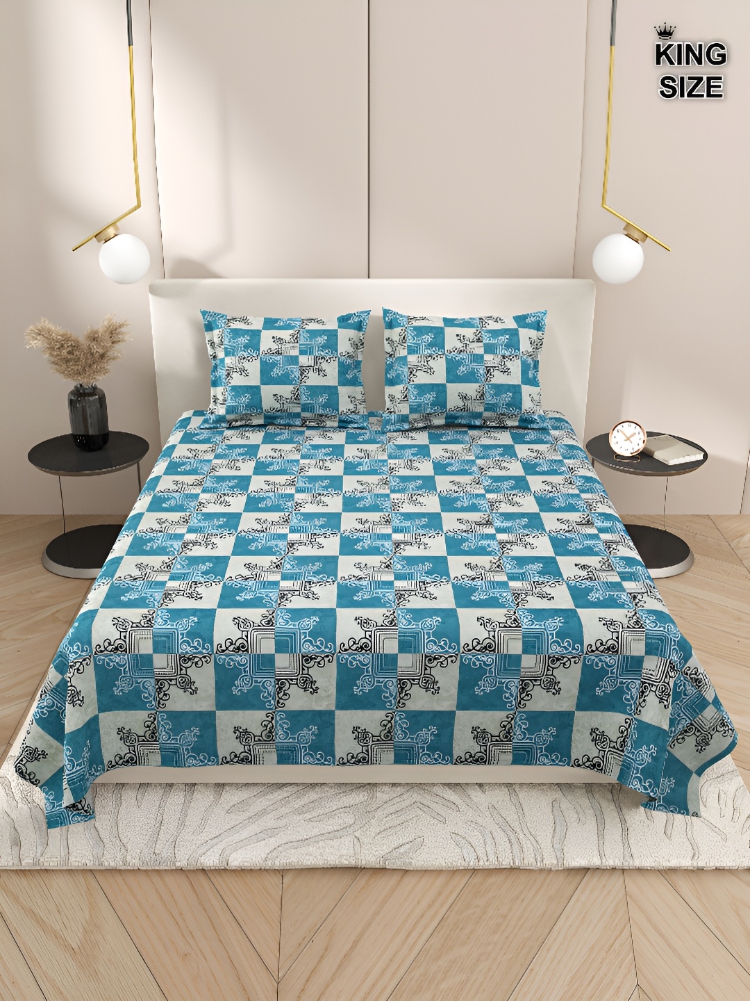 

DREAM WEAVERZ Blue & Grey Ethinc Motifs Cotton 220 TC King Bedsheet With 2 Pillow Covers