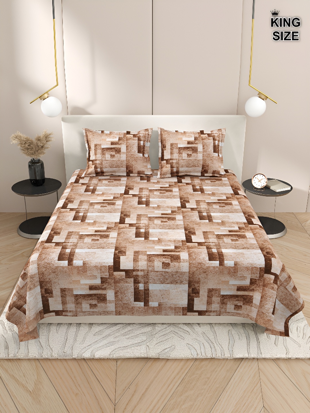 

DREAM WEAVERZ Brown & White Cotton 220 TC Super King Bedsheet With 2 Pillow Covers