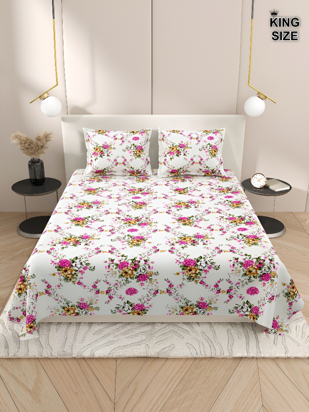 

DREAM WEAVERZ White & Pink Floral Cotton 220 TC King Bedsheet With 2 Pillow Covers