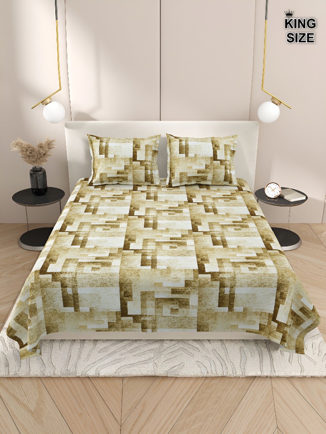 

DREAM WEAVERZ Olive Green & White Cotton 220 TC Super King Bedsheet With 2 Pillow Covers, Yellow
