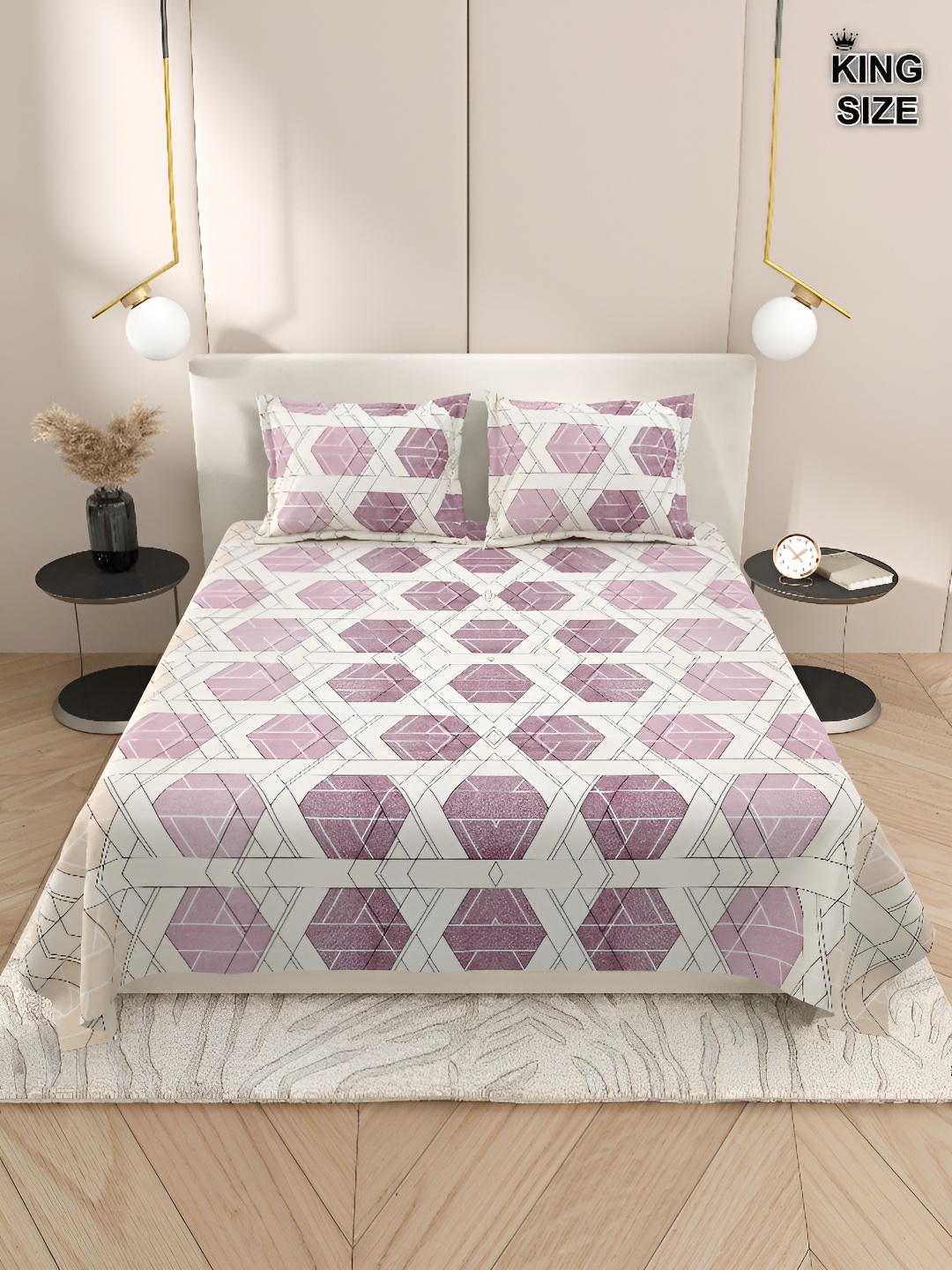 

DREAM WEAVERZ White & Purple Geometric Cotton 220 TC King Bedsheet With 2 Pillow Covers