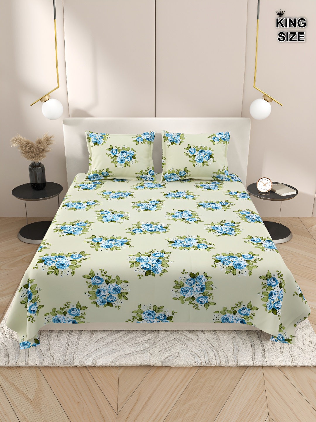 

DREAM WEAVERZ Green & Blue Floral Cotton 220 TC Super King Bedsheet with 2 Pillow Covers