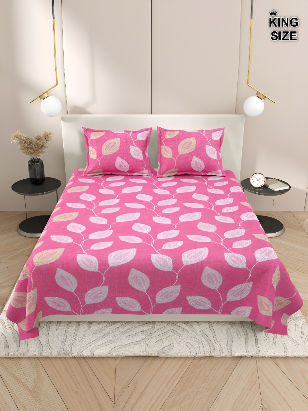 

DREAM WEAVERZ Pink & White Floral Cotton 220 TC King Bedsheet With 2 Pillow Covers