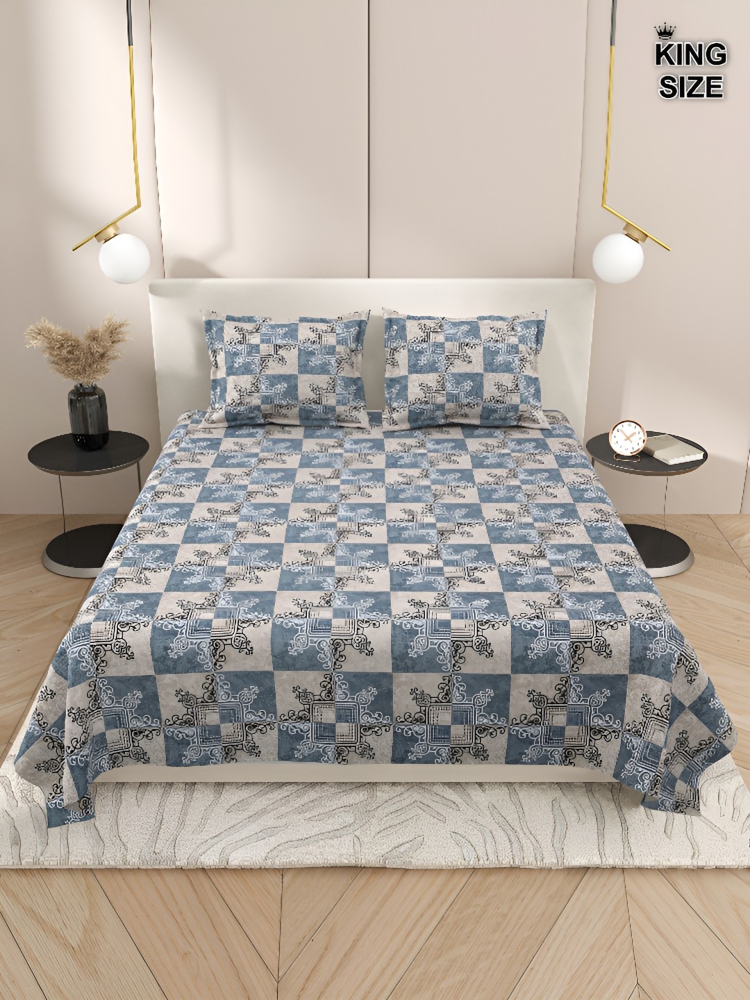 

DREAM WEAVERZ Grey & White Ethnic Motifs Cotton 220 TC King Bedsheet With 2 Pillow Covers
