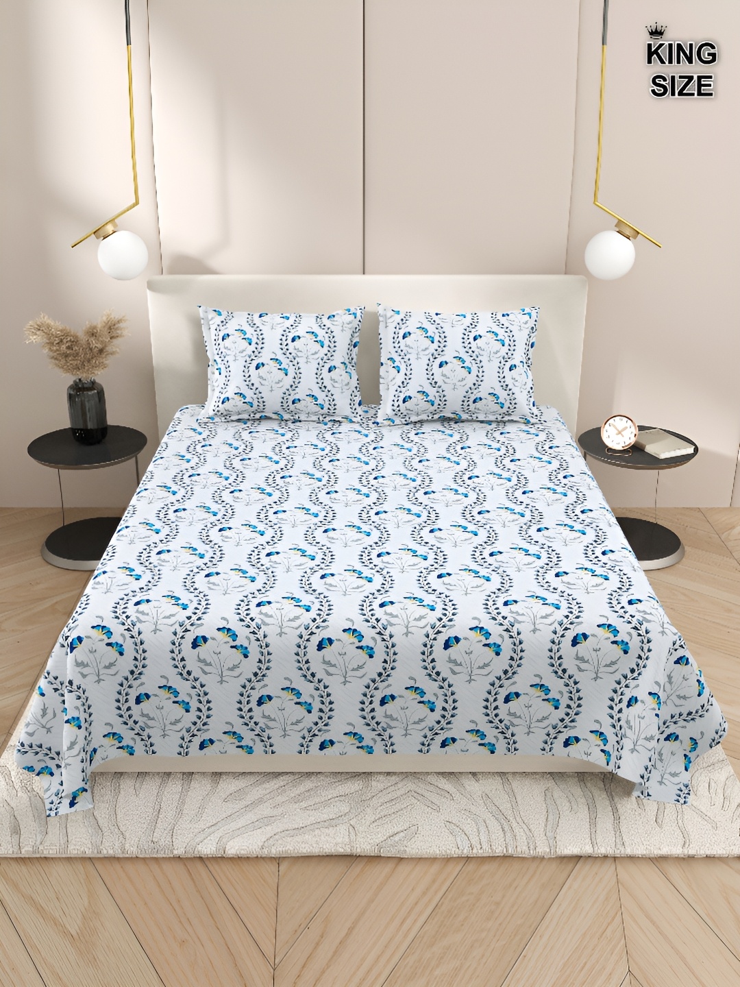

DREAM WEAVERZ Blue & White Floral Cotton 220 TC King Bedsheet With 2 Pillow Covers