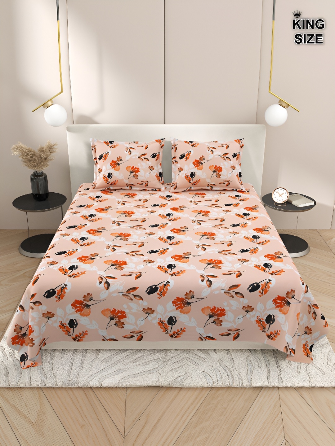 

DREAM WEAVERZ Orange & White Floral Cotton 220 TC King Bedsheet With 2 Pillow Covers