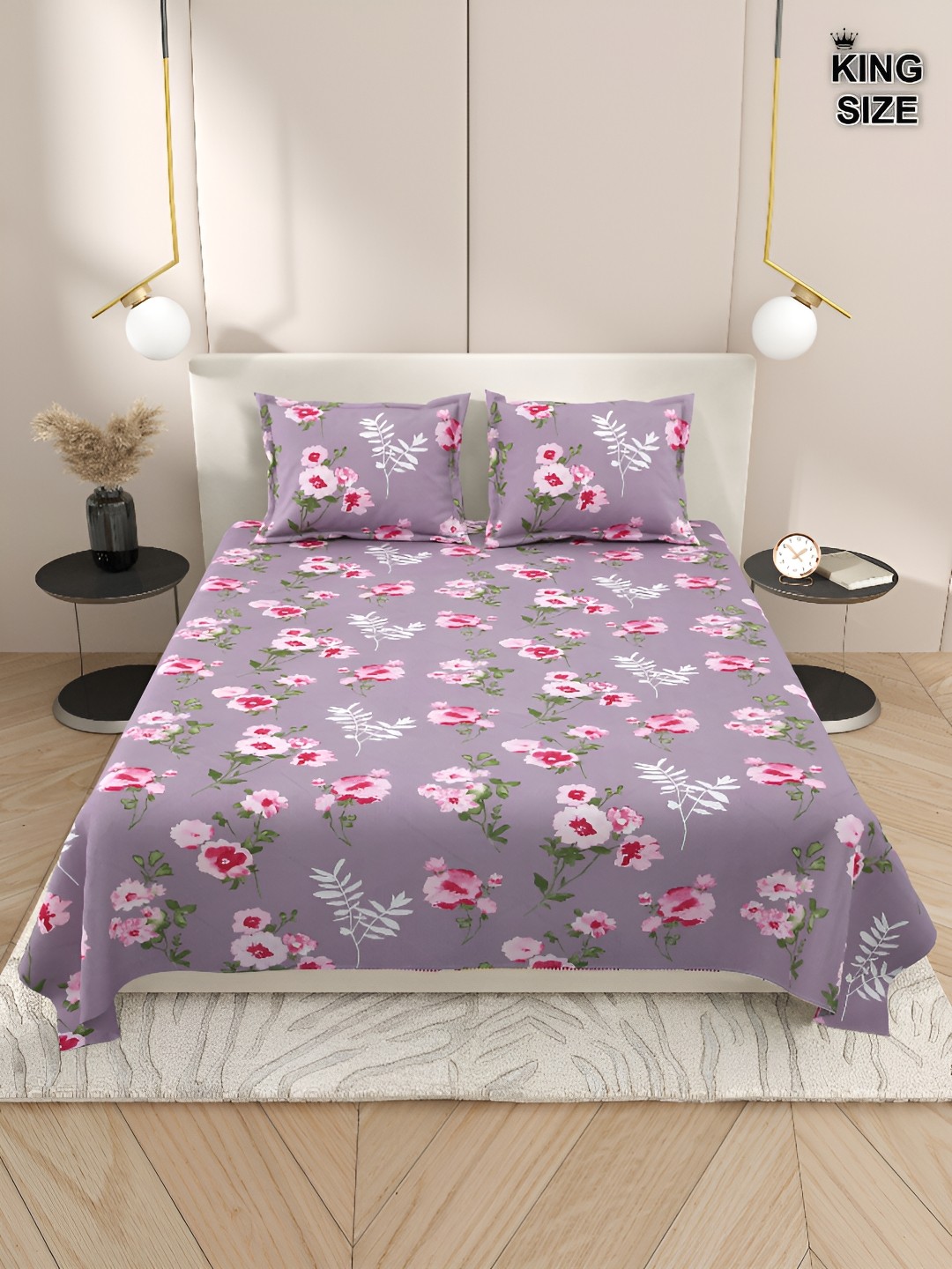 

DREAM WEAVERZ Purple & Pink Floral Cotton 220 TC Super King Bedsheet With 2 Pillow Covers