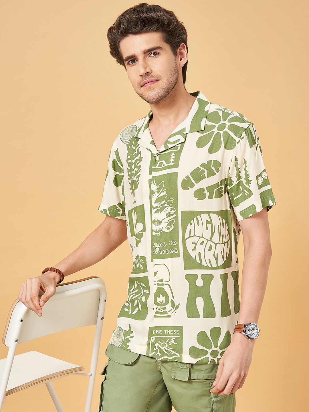 

Urban Ranger by pantaloons Slim Fit Opaque Printed Casual Shirt, Green