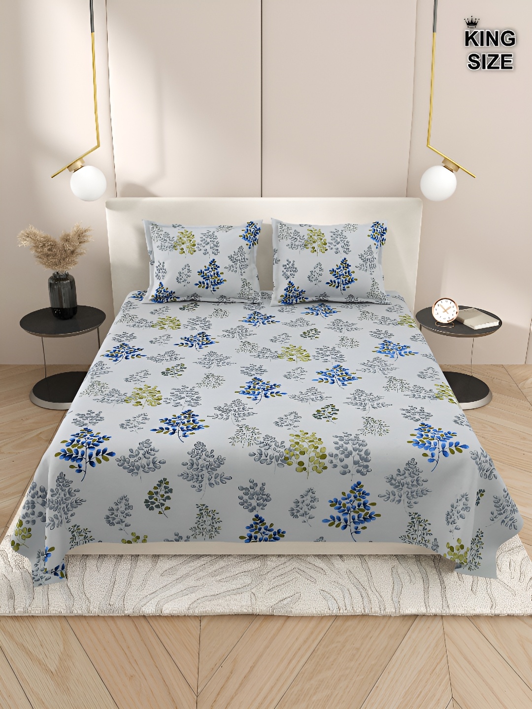 

Aura Grey & White Floral 220 TC King Bedsheet with 2 Pillow Covers