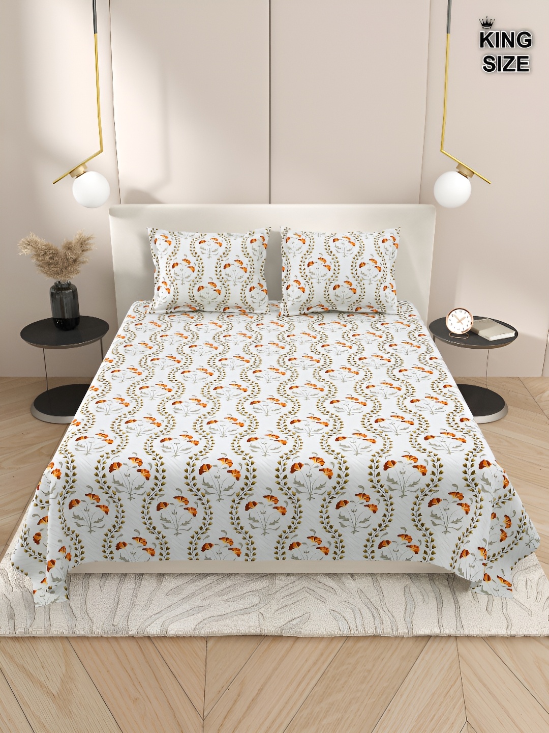 

Aura Brown & White Floral 220 TC King Bedsheet with 2 Pillow Covers