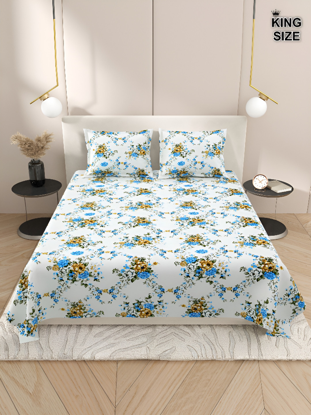 

Aura White & Blue Floral 220 TC King Bedsheet with 2 Pillow Covers