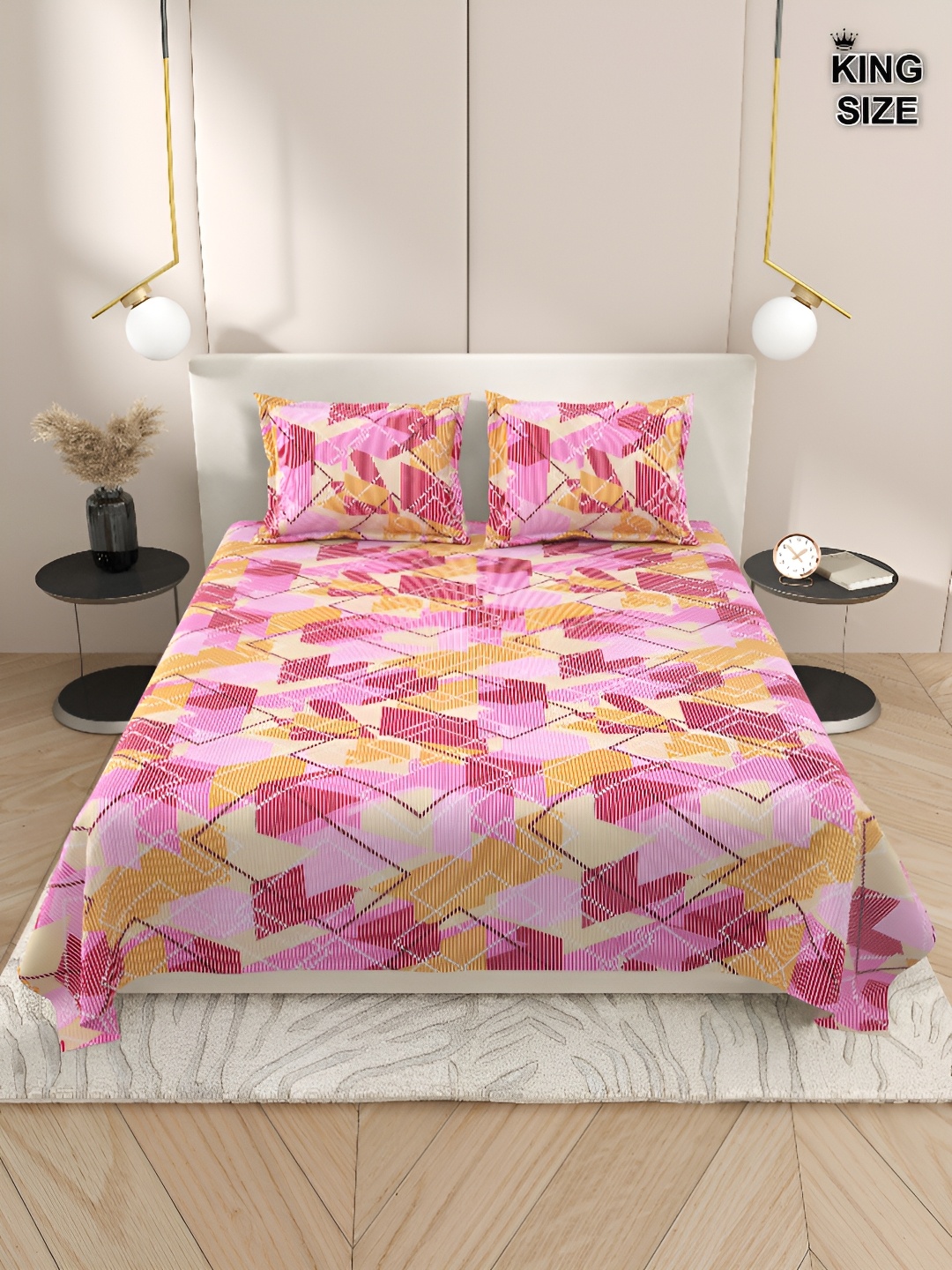 

Aura Pink & White Geometric 220 TC King Bedsheet with 2 Pillow Covers