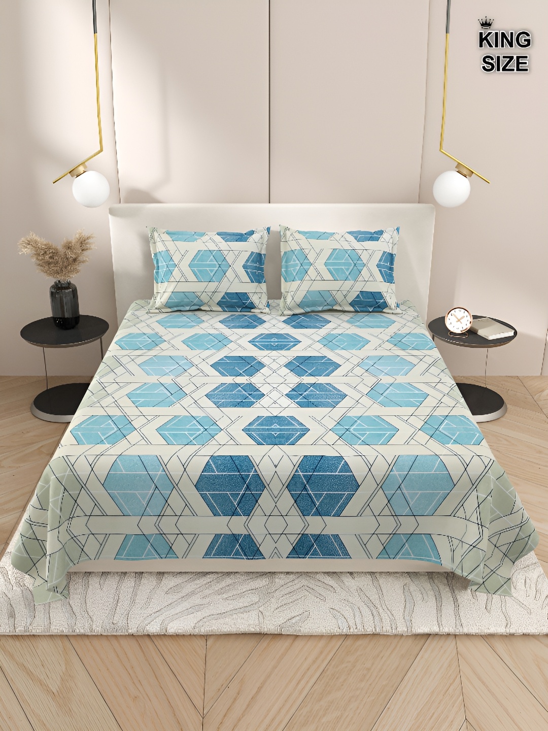 

Aura Blue & Turquoise Blue Geometric 220 TC King Bedsheet with 2 Pillow Covers