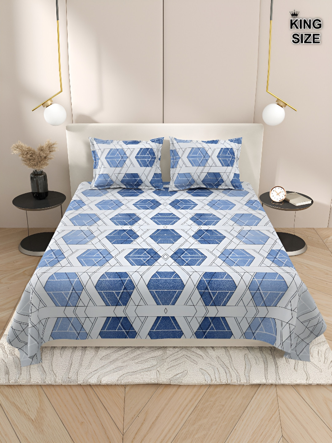 

Aura Blue & Grey Geometric 220 TC King Bedsheet with 2 Pillow Covers