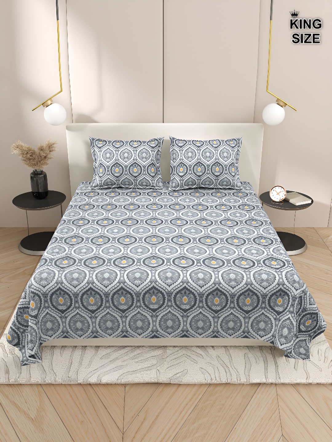 

Aura Grey & White Geometric 220 TC King Bedsheet with 2 Pillow Covers