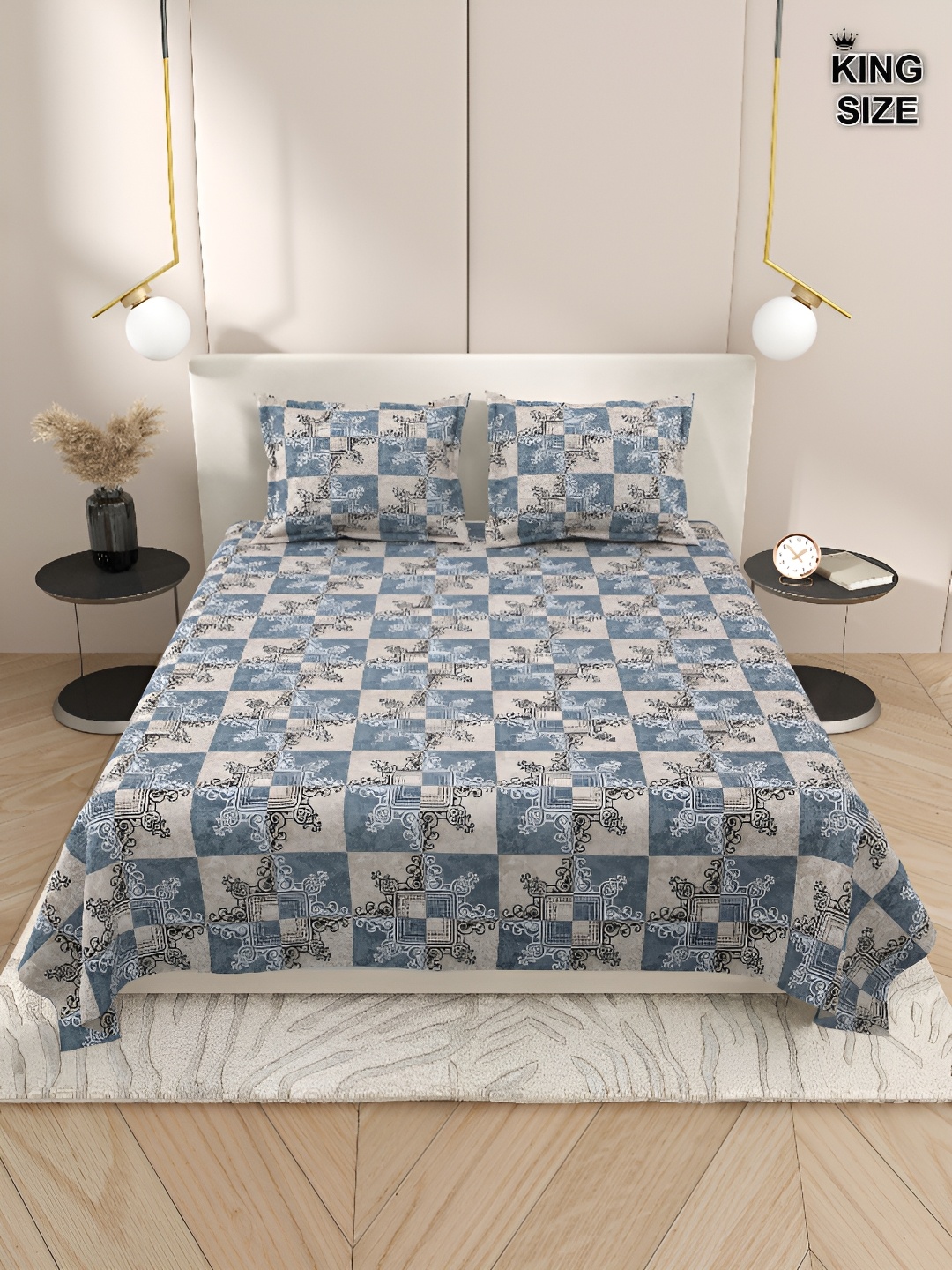 

Aura Grey & Blue Geometric 220 TC King Bedsheet with 2 Pillow Covers