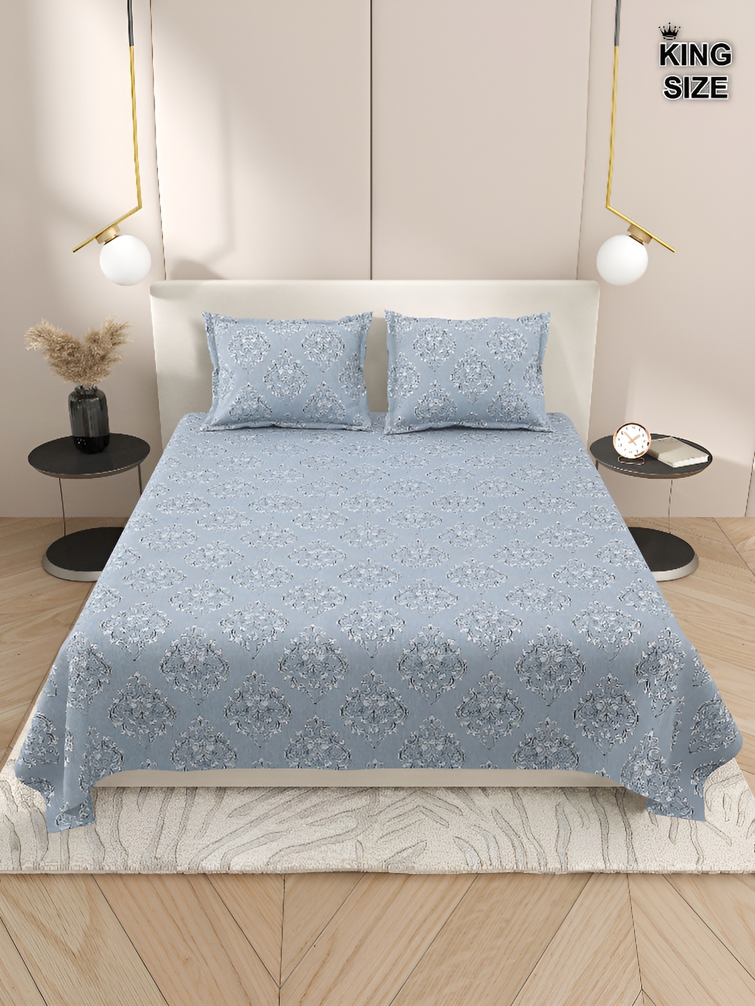 

Aura Blue & White Geometric 220 TC King Bedsheet with 2 Pillow Covers