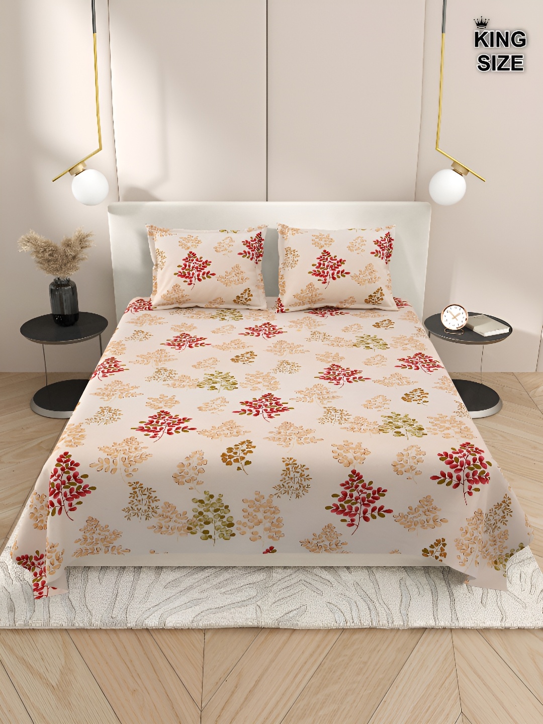 

Aura Orange & Red Floral 220 TC King Bedsheet with 2 Pillow Covers