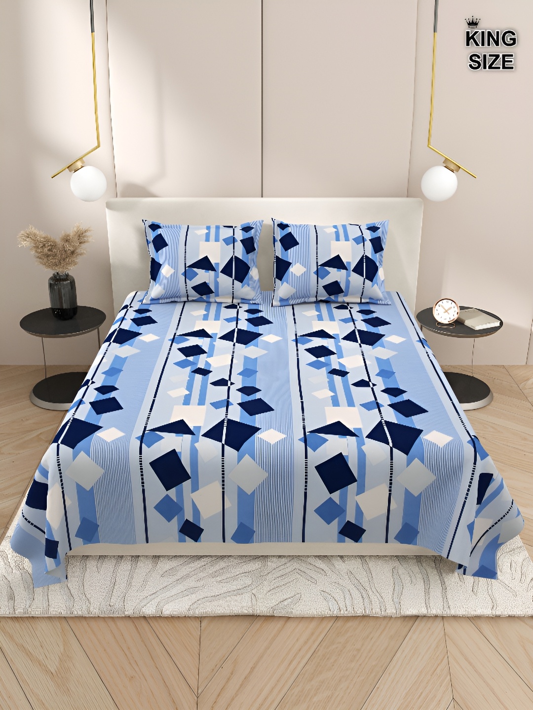

Aura Blue & Navy Blue Geometric 220 TC King Bedsheet with 2 Pillow Covers