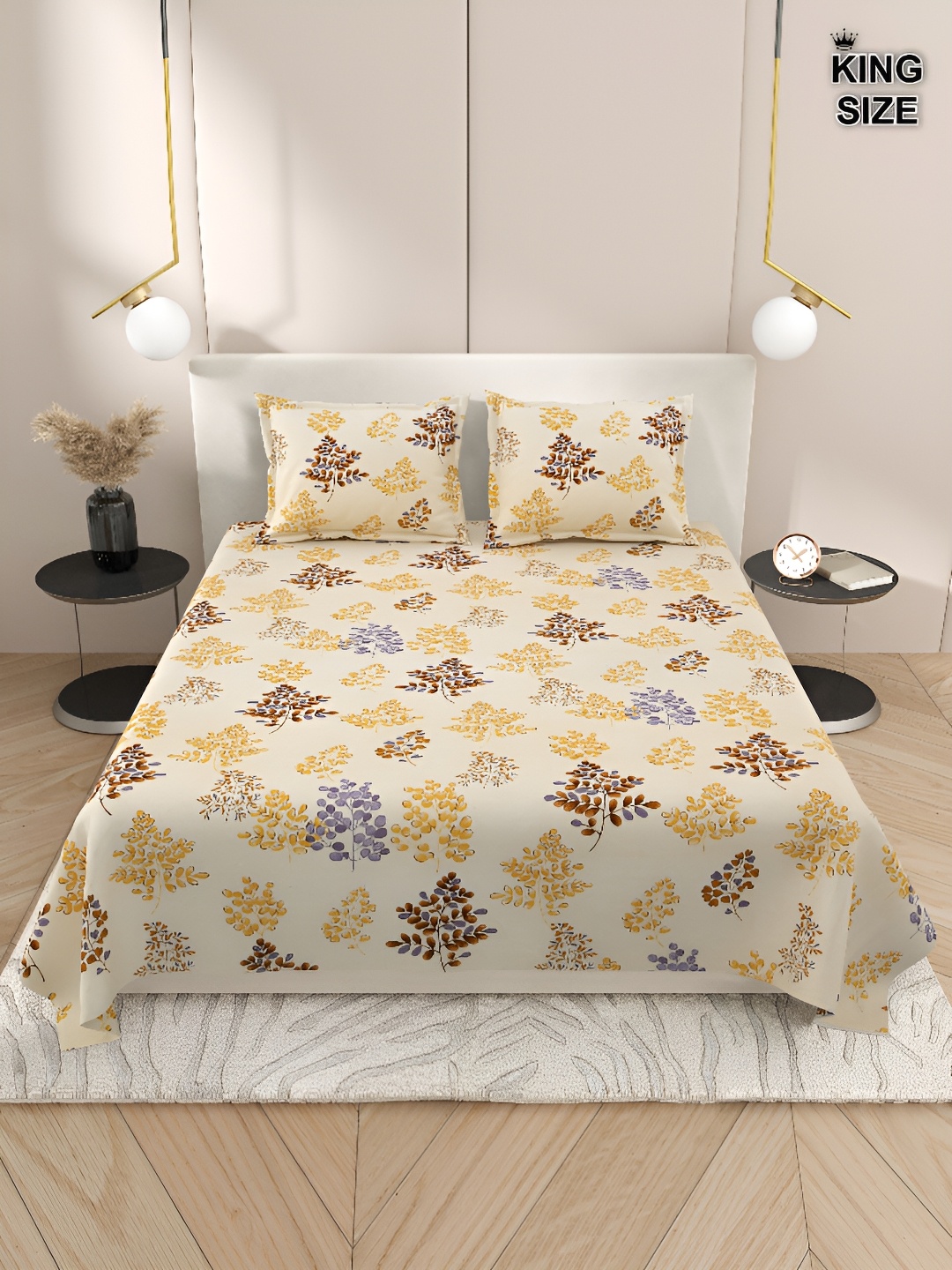 

Aura Yellow & Blue Floral 220 TC King Bedsheet with 2 Pillow Covers
