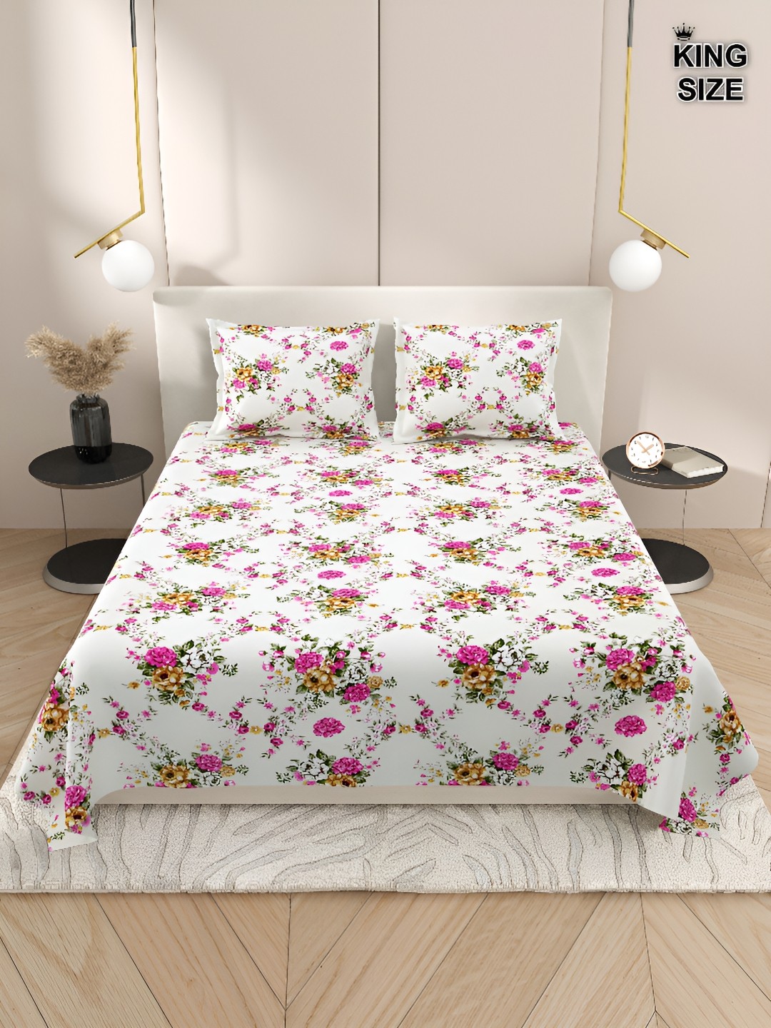 

Aura White & Pink Floral 220 TC King Bedsheet with 2 Pillow Covers