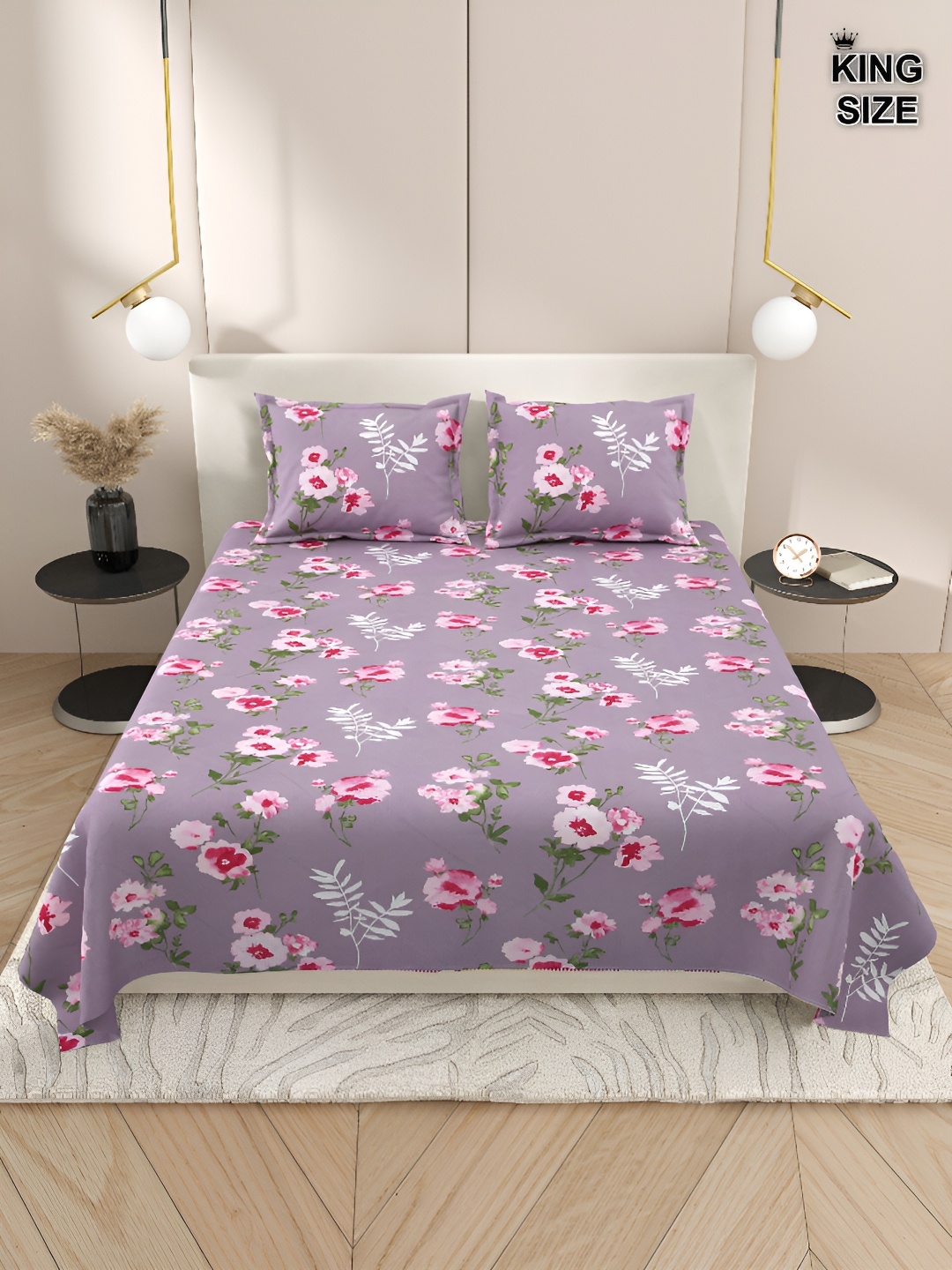 

Aura Purple & White Floral 220 TC King Bedsheet with 2 Pillow Covers