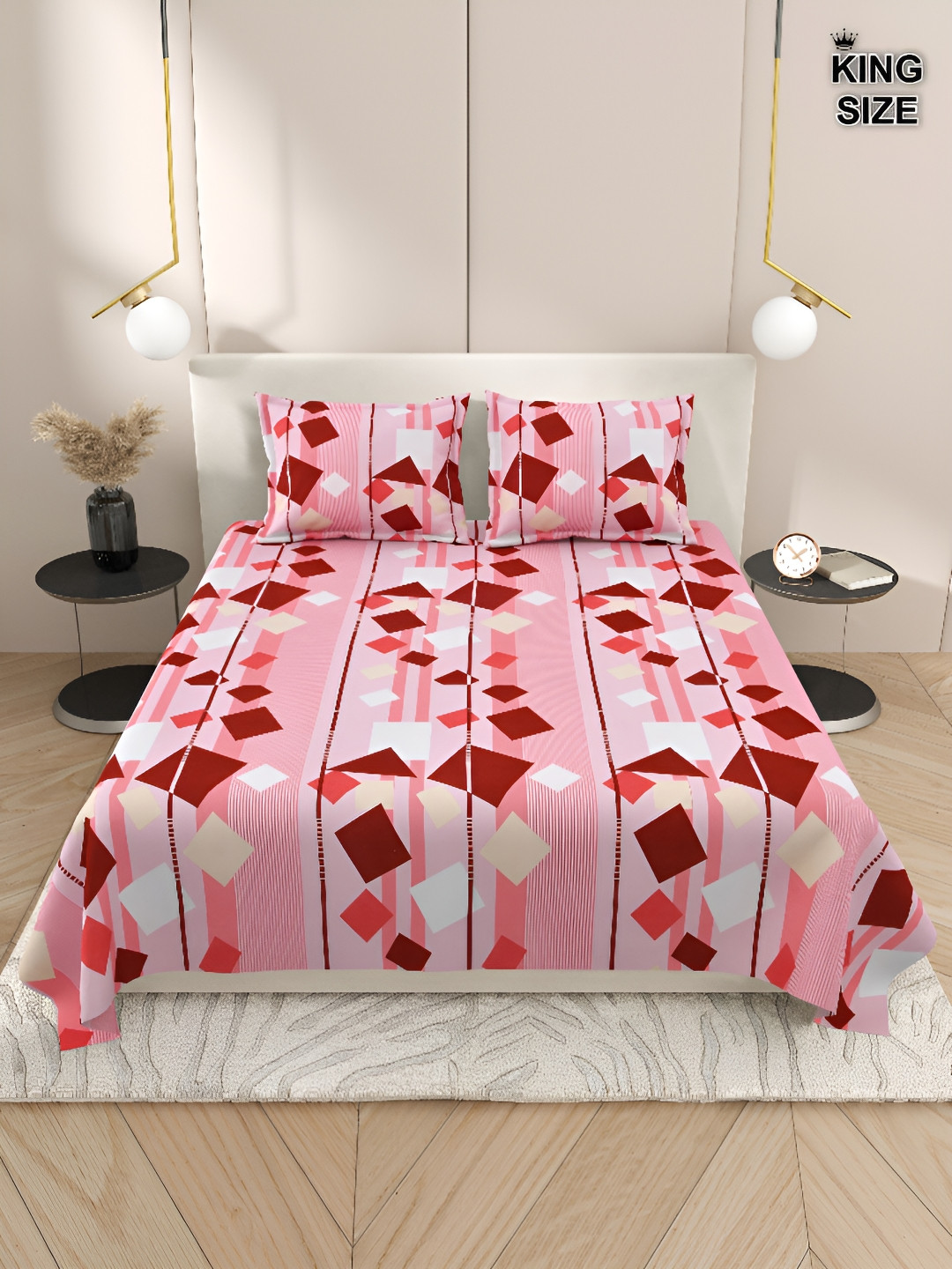 

Aura Pink & White Geometric 220 TC King Bedsheet with 2 Pillow Covers