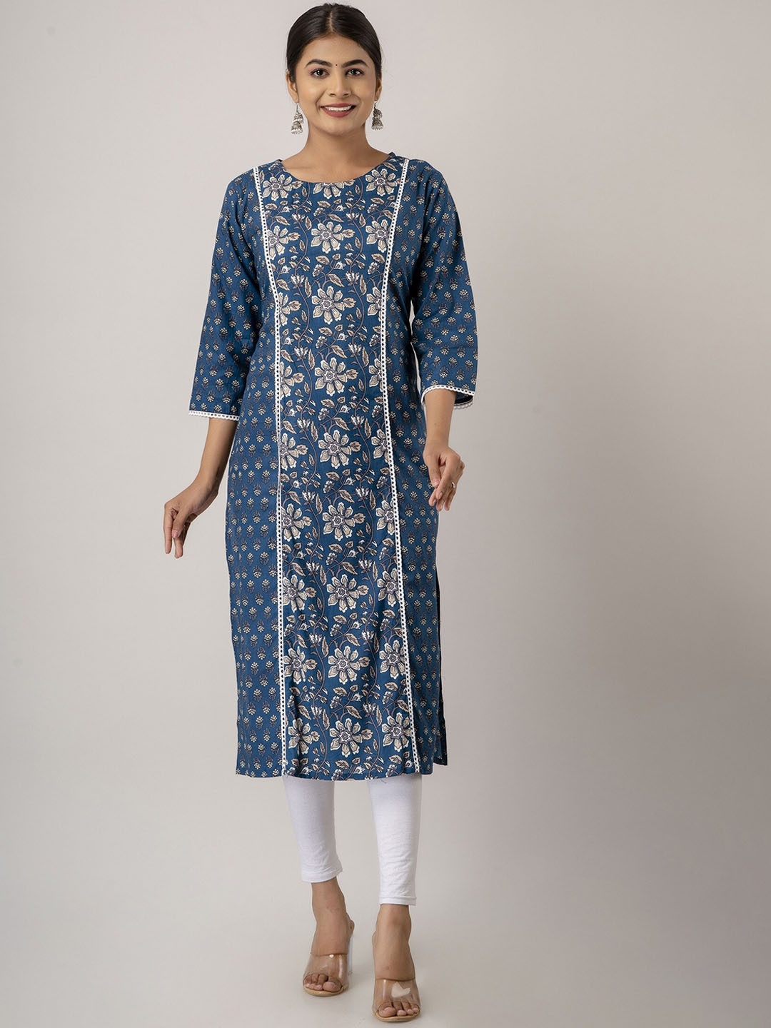 

SHOOLIN Floral Printed Cotton Strigth Kurta, Blue