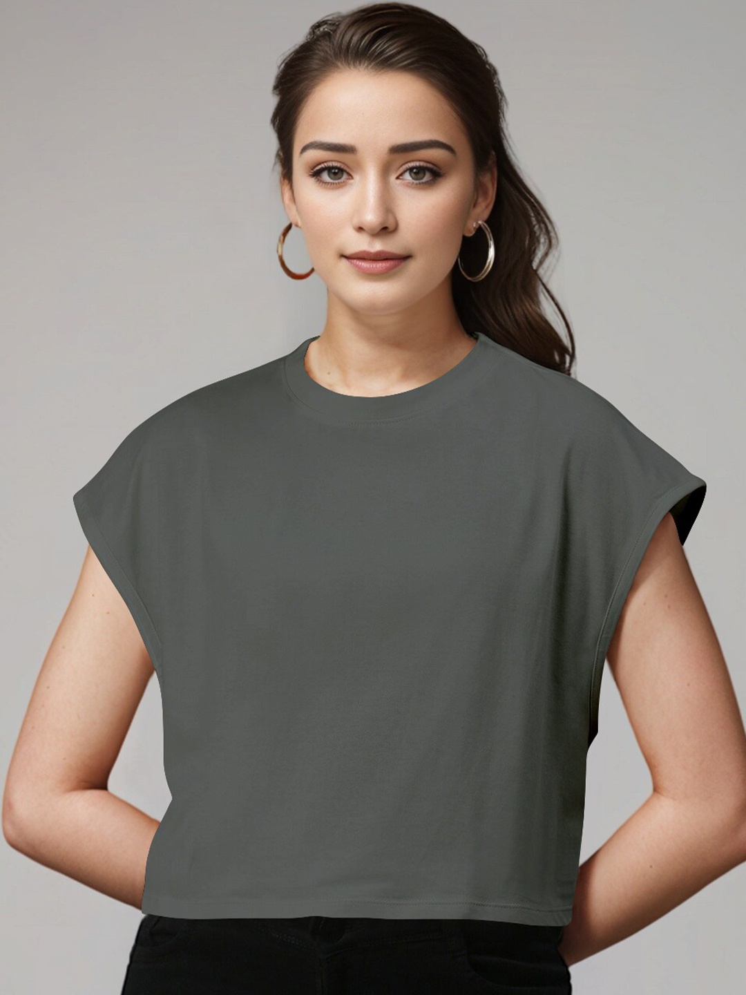 

Huetrap Pure Cotton Extended Sleeves Boxy Crop T-shirt, Charcoal