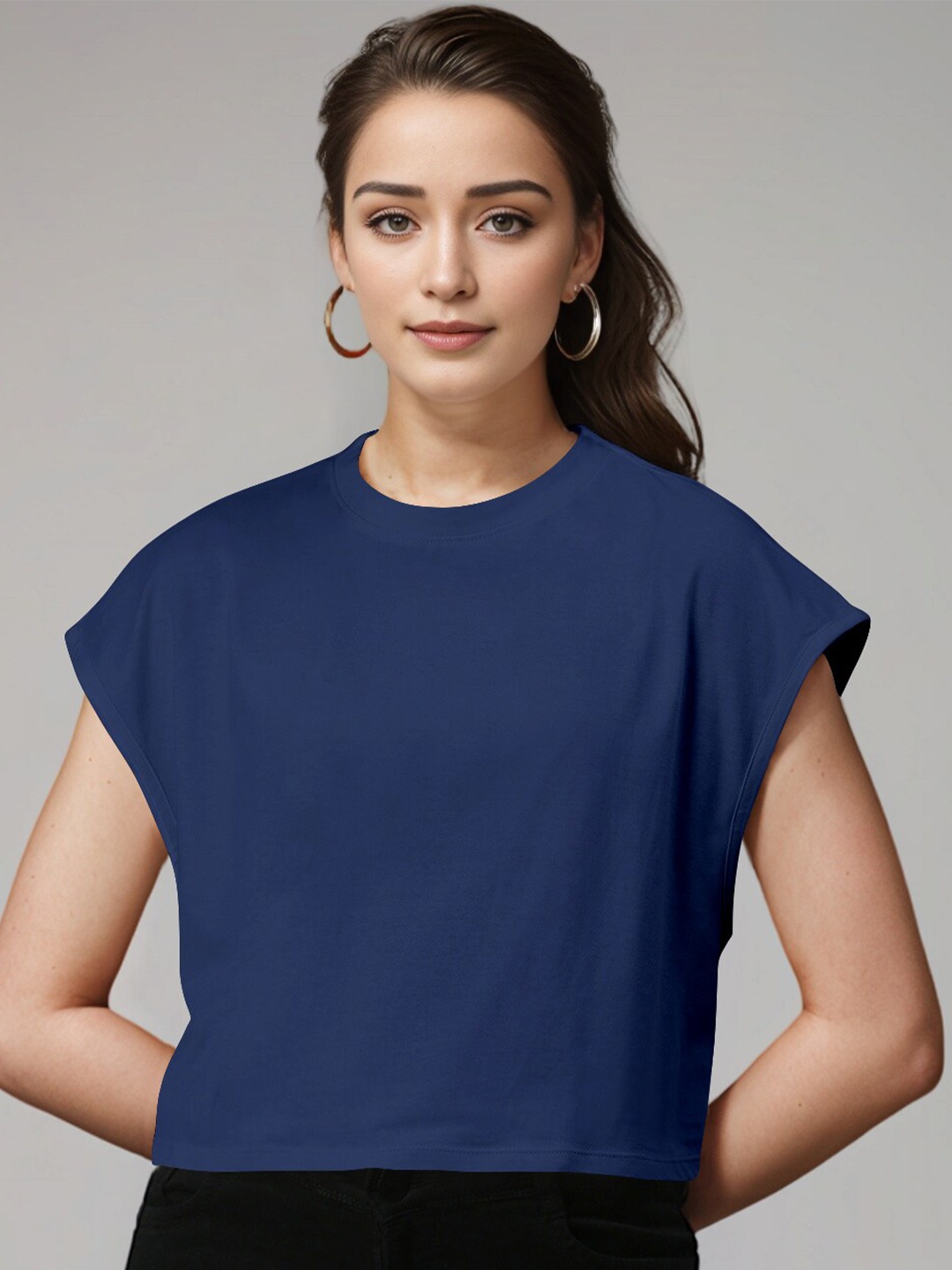 

Huetrap Pure Cotton Extended Sleeves Indigo Boxy Crop T-shirt, Navy blue