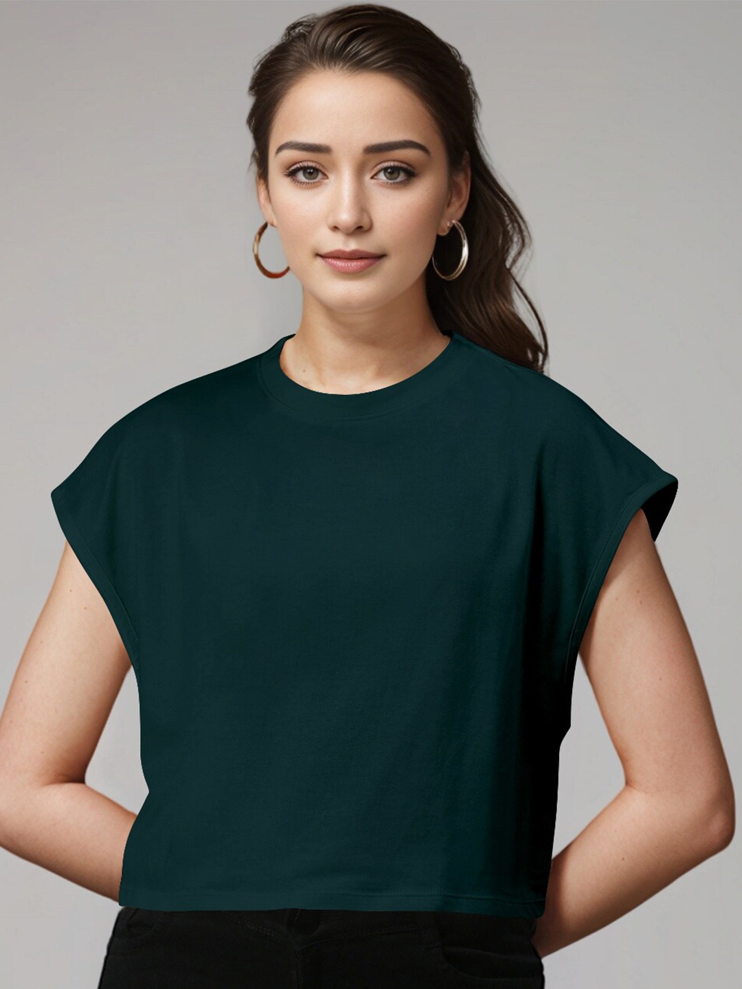 

Huetrap Round Neck Extended Sleeves Boxy T-shirt, Teal