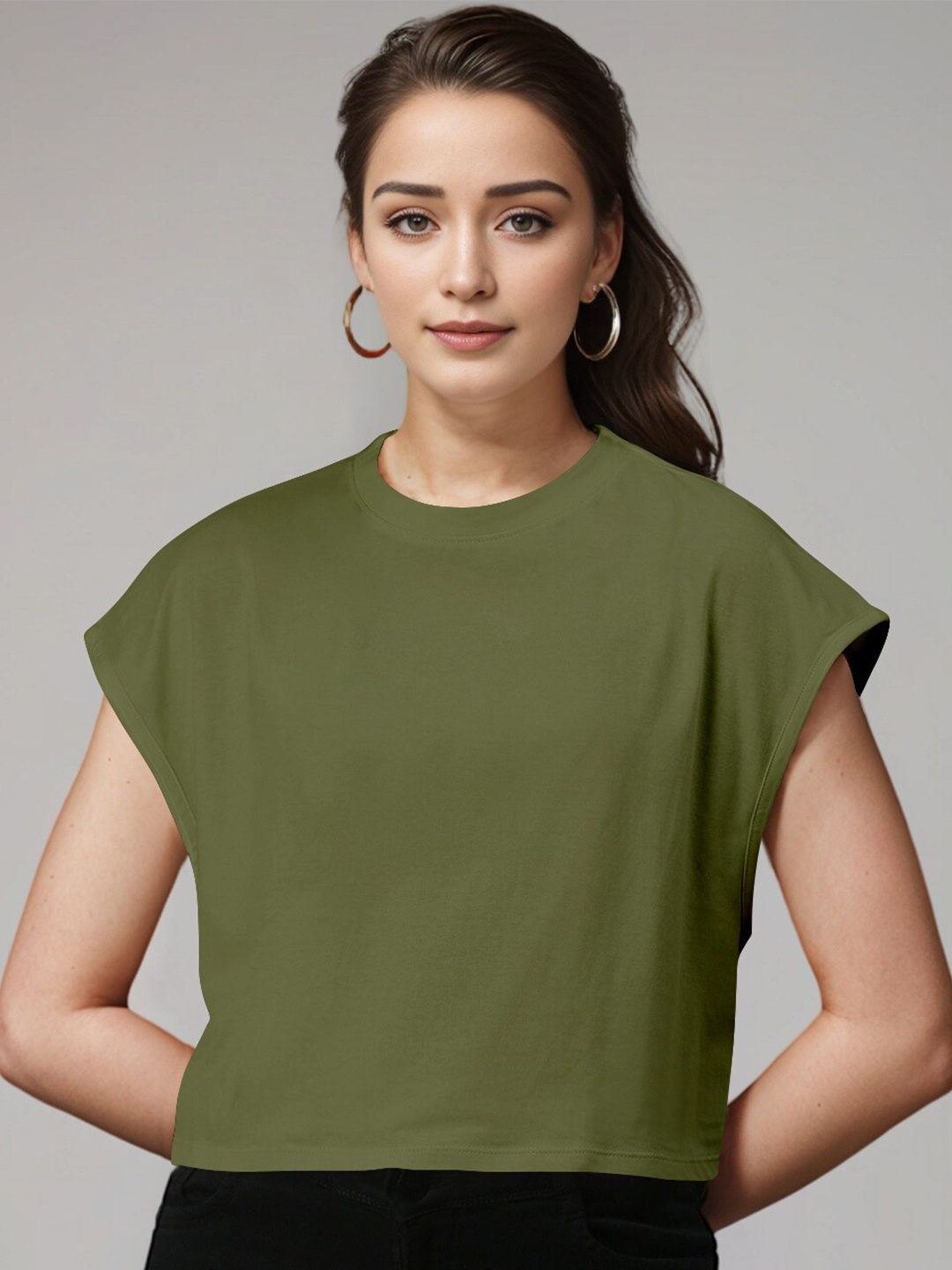 

Huetrap Pure Cotton Extended Sleeves Boxy Crop T-shirt, Olive