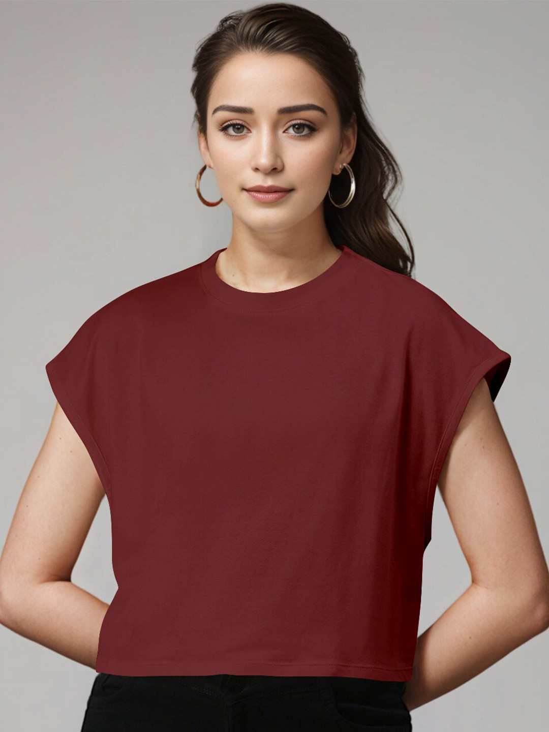 

Huetrap Pure Cotton Extended Sleeves Boxy Crop T-shirt, Maroon