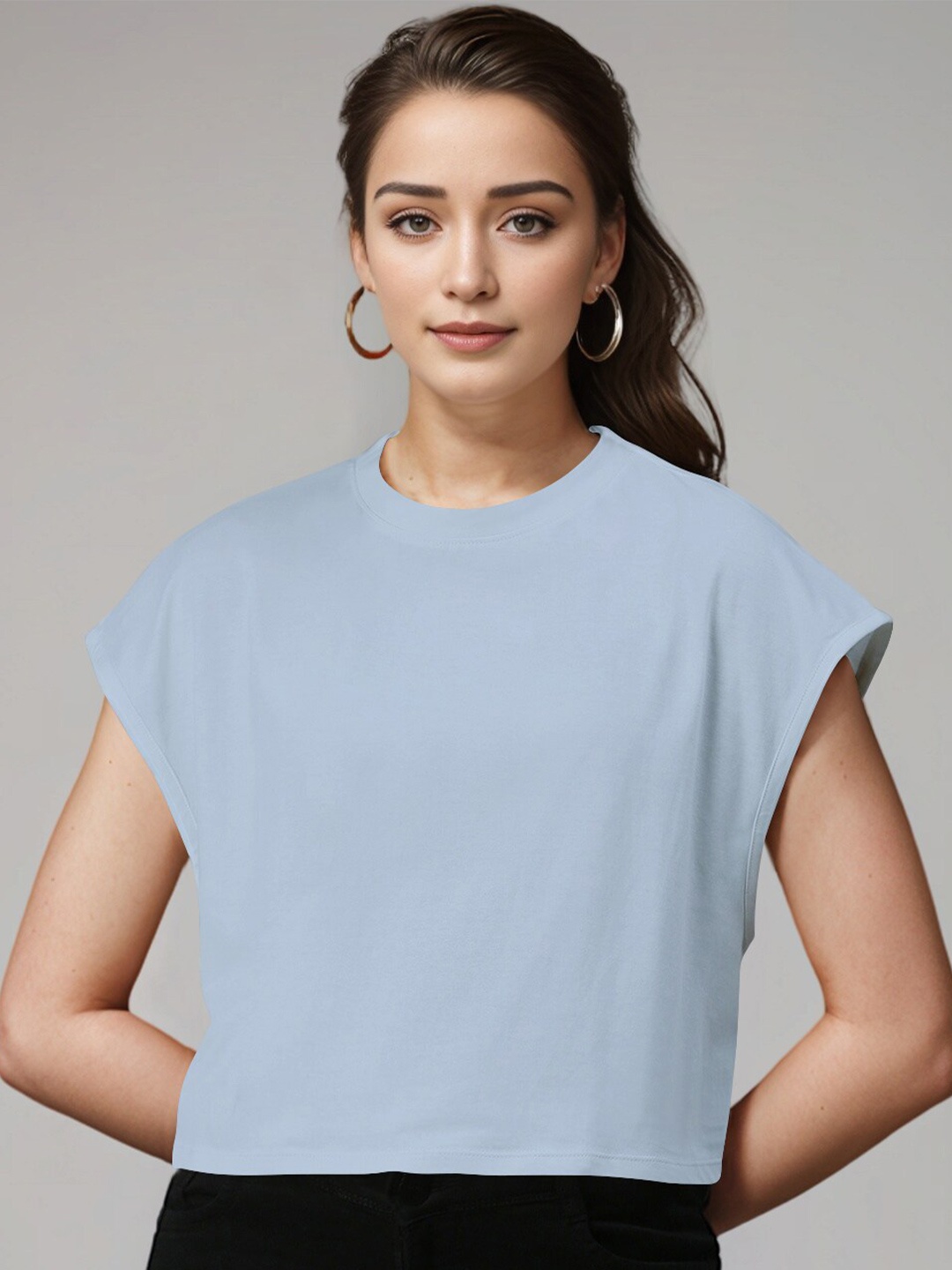 

Huetrap Pure Cotton Extended Sleeves Boxy Crop T-shirt, Blue