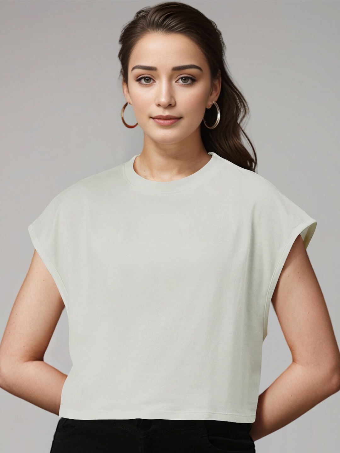 

Huetrap Pure Cotton Extended Sleeves Boxy Crop T-shirt, Off white
