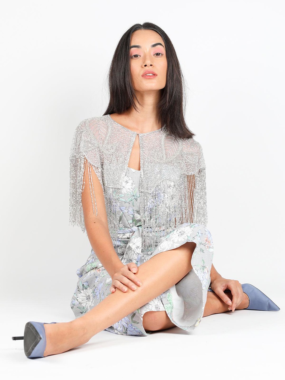 ODETTE Embellished Acrylic Party Crop Shrug, Silver