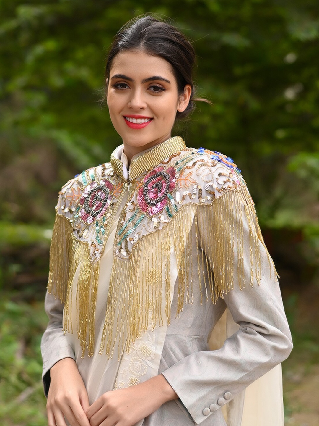 

ODETTE Embellished Party Crop Waterfall Shrug, Blue