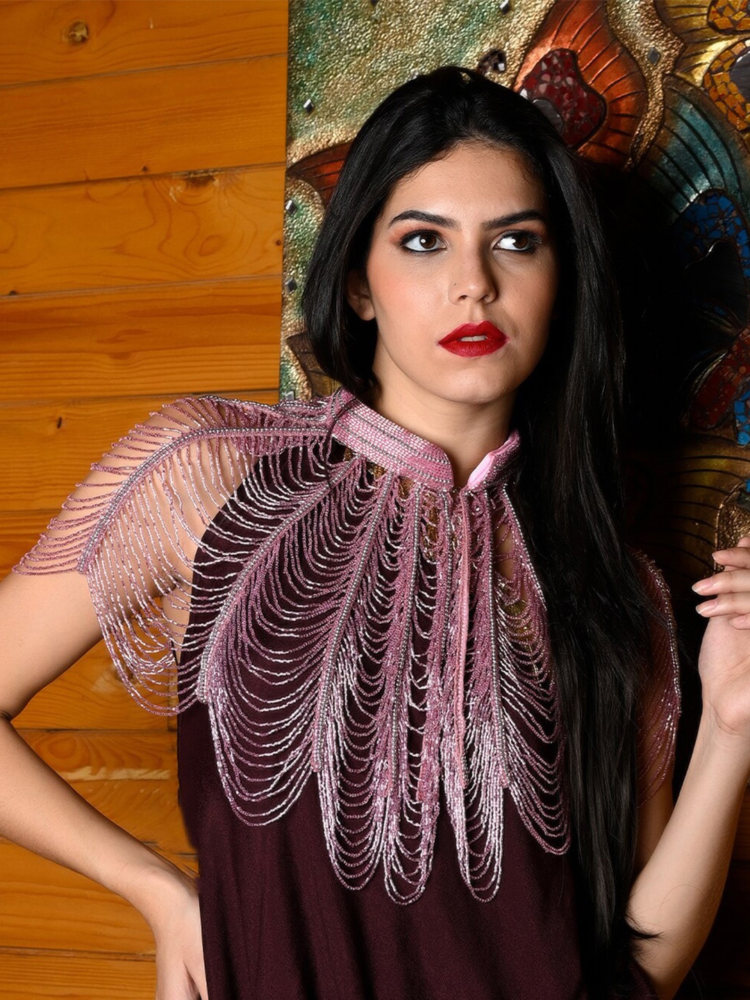 

ODETTE Embroidered Mandarin Collar Acrylic Cape Top, Pink