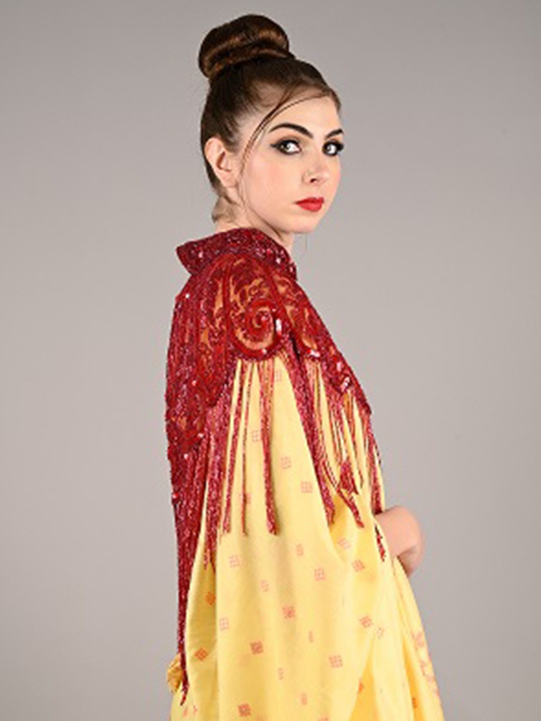 

ODETTE Self Design Acrylic Crop Waterfall Shrug, Red