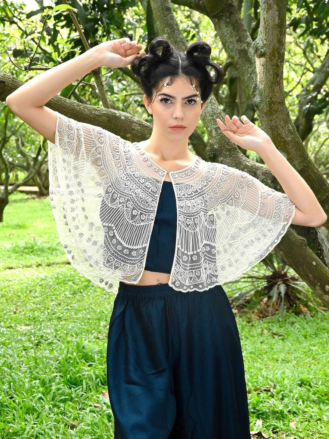 

ODETTE Lace Embroidered Acrylic Crop Cape Shrug, White