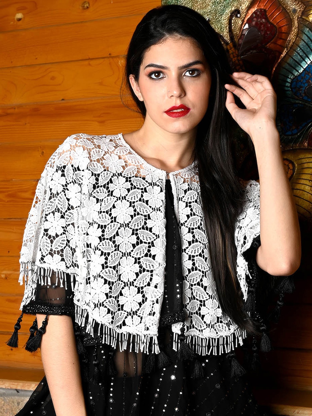 

ODETTE Self Design Lace Tasseled Cape Shrug, White