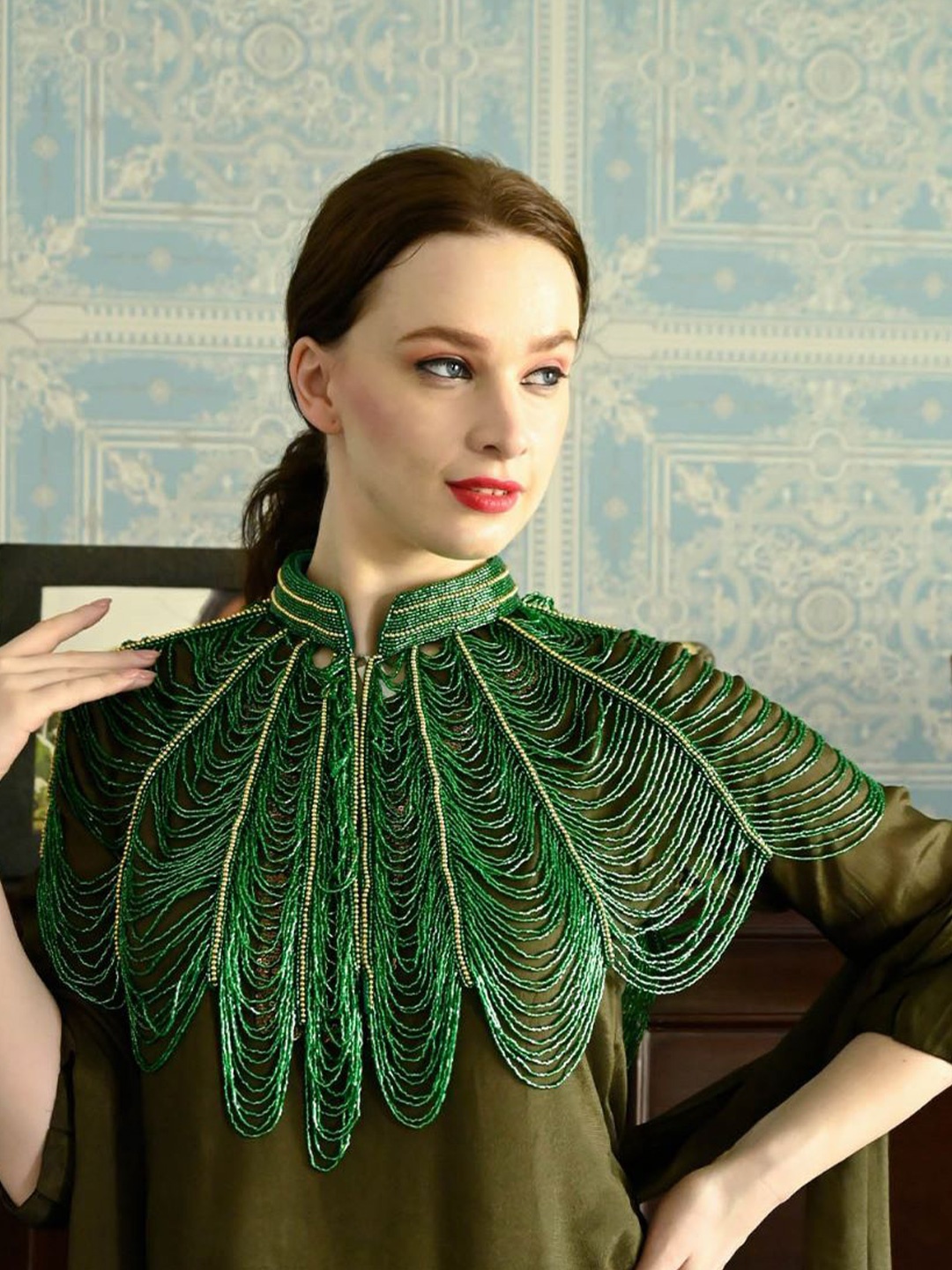 

ODETTE Women Acrylic Party Crop Waterfall Shrug, Green