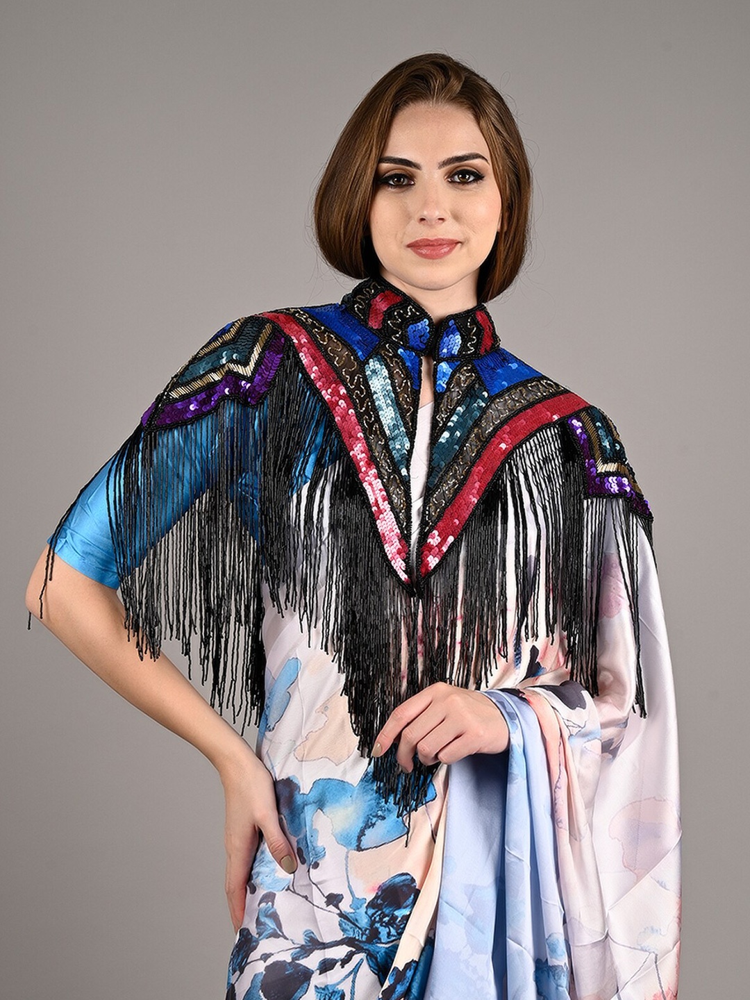 

ODETTE Self Design Mandarin Collar Acrylic Crop Velvet Cape Shrug, Blue