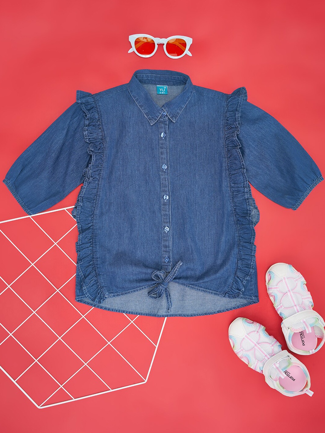 

YU by Pantaloons Shirt Collar Cotton Blouson Top, Navy blue