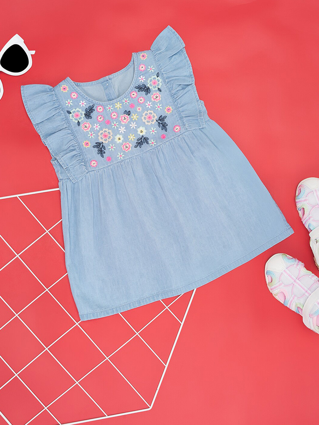 

YU by Pantaloons Girls Floral Embroidered Ruffles Cotton A-Line Top, Blue