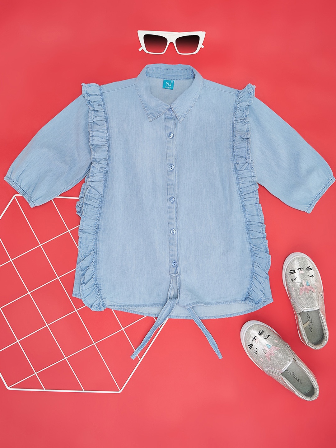 

YU by Pantaloons Girls Puff Sleeve Ruffles Cotton Shirt Style Top, Blue