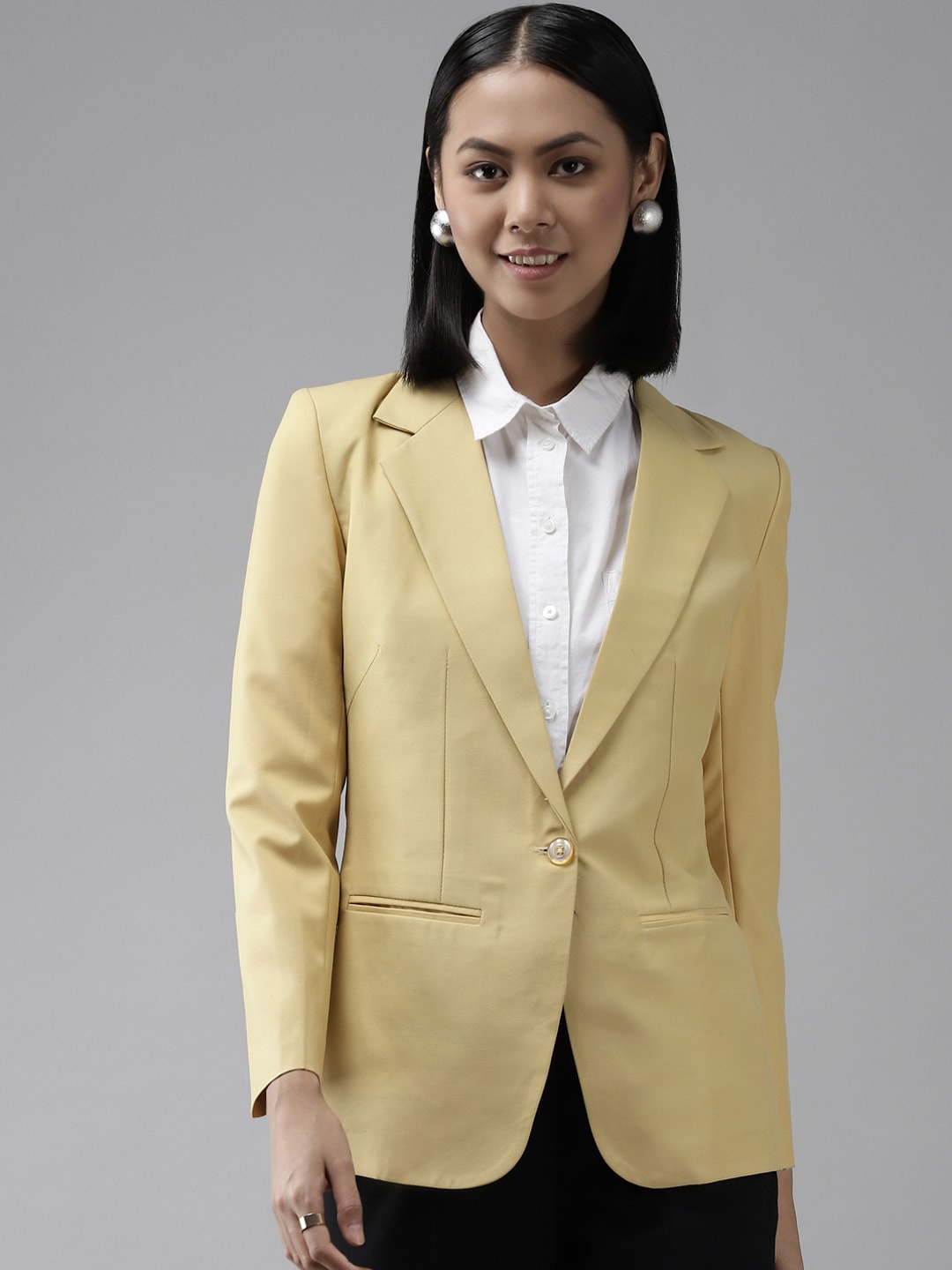 

Shaftesbury London Women Notched Lapel Collar Single Breasted Slim Fit Formal Blazer, Mustard