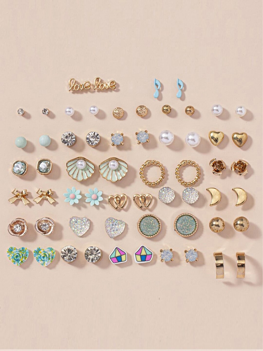 

Jewels Galaxy Set Of 30 Gold Plated Crystals & Pearl Beaded Contemporary Stud Earrings
