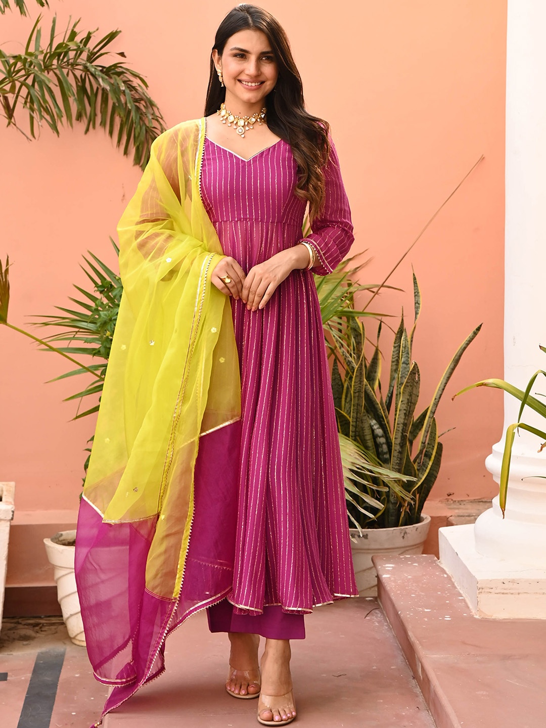 

Anouk Mirage Striped Panelled Gotta Patti Kurta With Trousers & Dupatta, Magenta