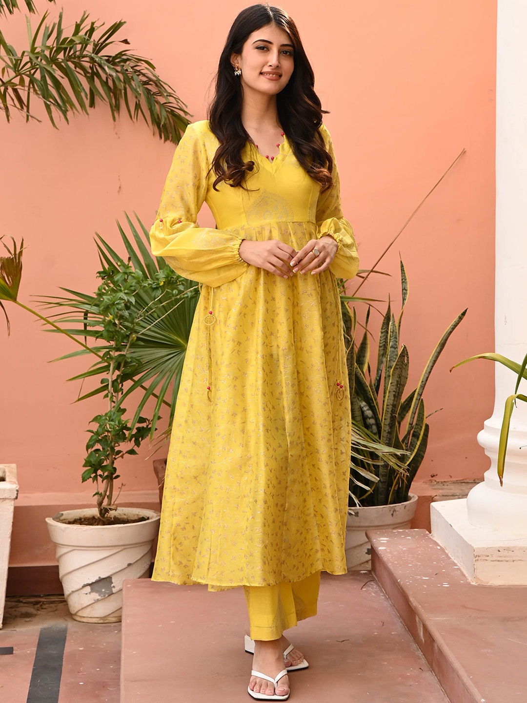 

Anouk Mirage Ethnic Motifs Printed Panelled Chanderi Silk Kurta with Trousers, Yellow